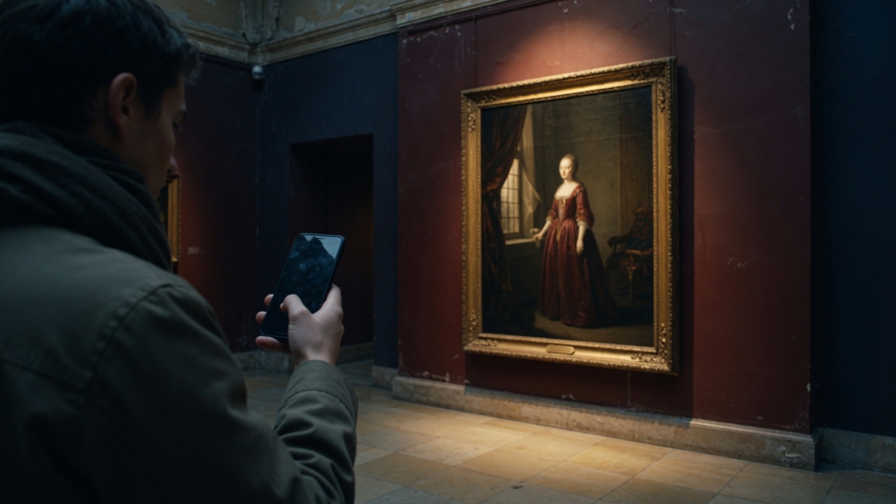 A visitor listening on a phone in front of a painting